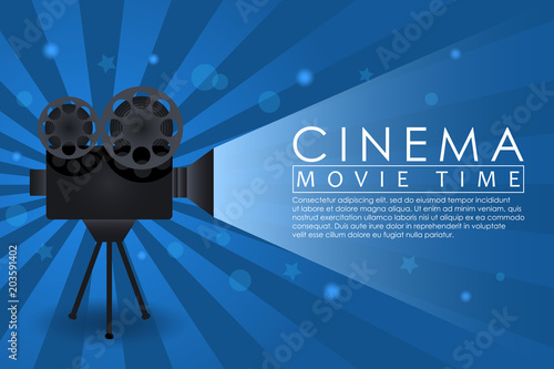 Cinema background, movie time banner with retro camera. Abstract advertising poster for cinema theatre or website. Vector illustration.
