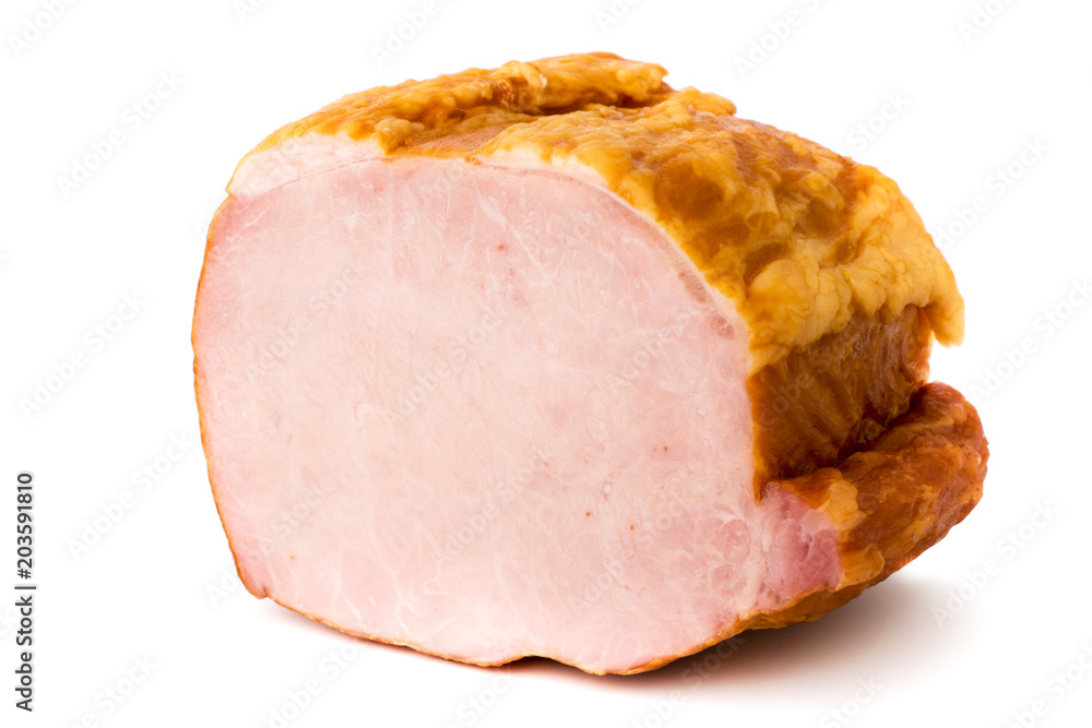 Piece of smoked meat on a white, close up. Isolated Piece of smoked meat on a white, close up. Isolated