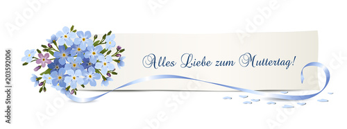Vergissmeinnicht Blumen zum Muttertag, 
Banner mit „Alles  Liebe zum Muttertag“,
Vektor Illustration isoliert auf weißem Hintergrund 