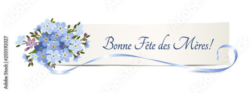 Vergissmeinnicht Blumen zum Muttertag, 
Banner mit „Bonne Fête des Mères“,
Vektor Illustration isoliert auf weißem Hintergrund