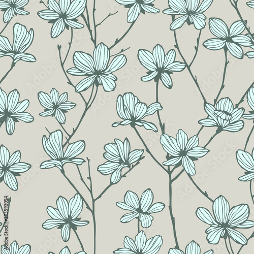 Seamless pattern. Almond blossom branches. Vintage botanical hand drawn illustration. Spring flowers of apple or cherry tree.