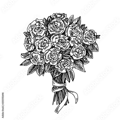 Beautiful bouquet of roses. Sketch tattoo. Engraving style. Vector illustration.
