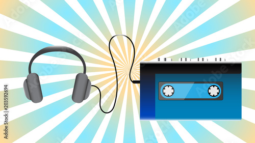 Blue old retro vintage hipster realistic volumetric portable music cassette audio player for playing audio cassettes from the 80's, 90's and headphones against the blue rays. Vector illustration