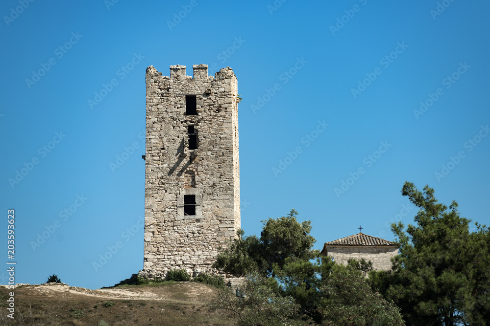 Ancient temple or tower on top of the hill surrounded by park or forest. Old building made out of bricks or stones, sky background. Cultural and architectural heritage concept.