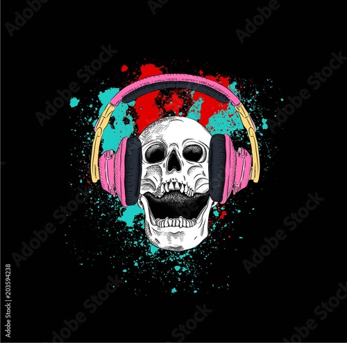 Portrait of a skull headphones. Can be used for printing on T-shirts, flyers, etc. Vector illustration