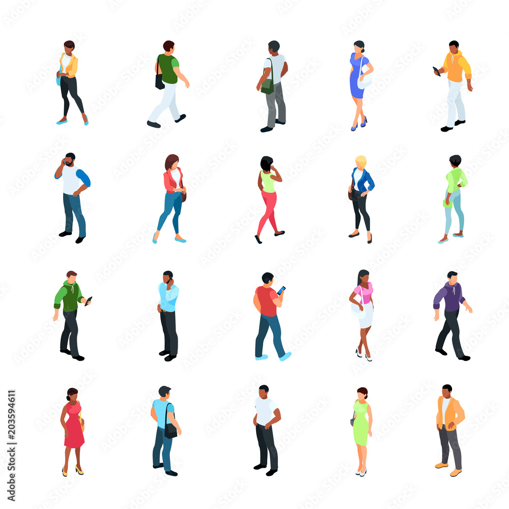 Set of isometric people with different skin color.