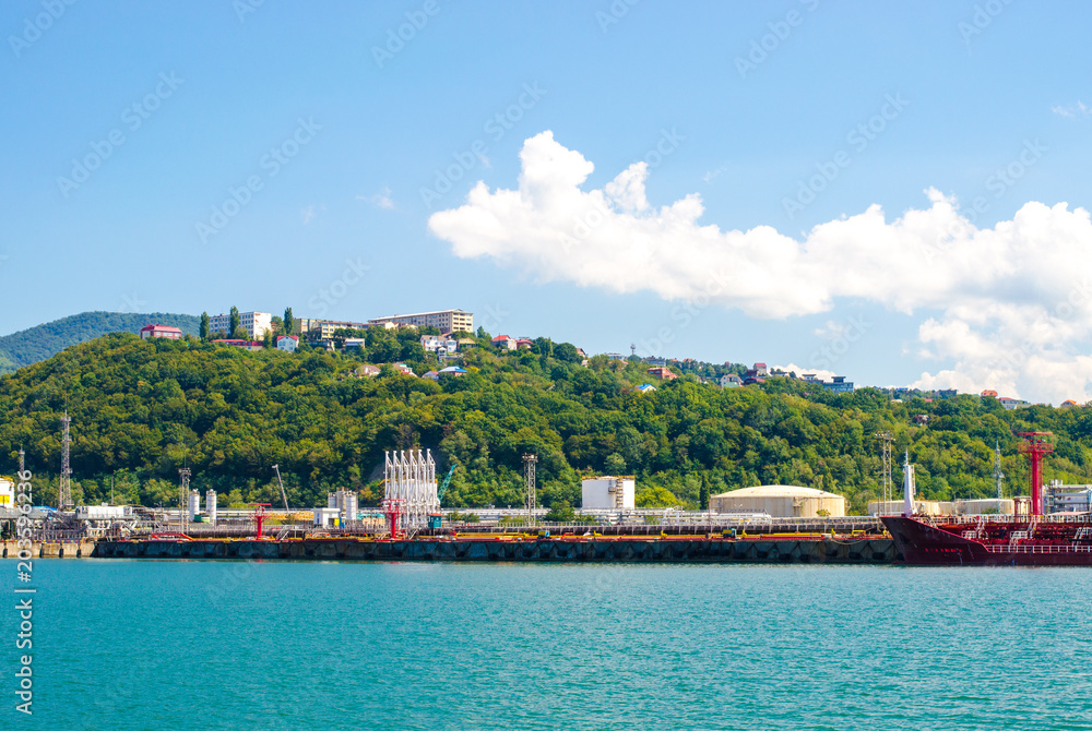 Fototapeta premium Shipyard on the coastline and town on the green hill on background