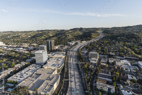 Late afternoon aerial view of San Diego 405 Freeway near Ventura Blvd in the San Fernando Valley area of Los Angeles  California.