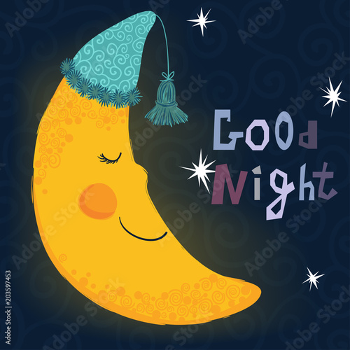 Vector illustration of sleeping smiling moon in the nightcap