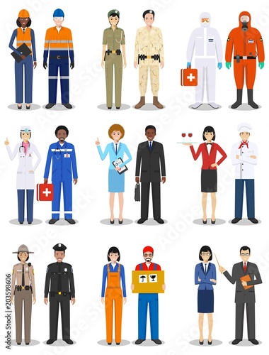 People occupation characters set in flat style isolated on white background. Different men and women professions characters standing together. Templates for infographic, sites, social networks. Vector