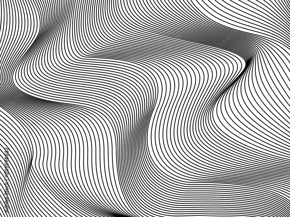 Wavy background of lines. Monochrome dynamic surface with effect of optical illusion. Vector. Wavy background of lines. Monochrome dynamic surface with effect of optical illusion. Vector.
