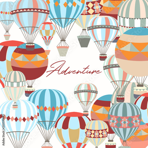 Adventure. Illustration with air balloons in vintage hipster style
