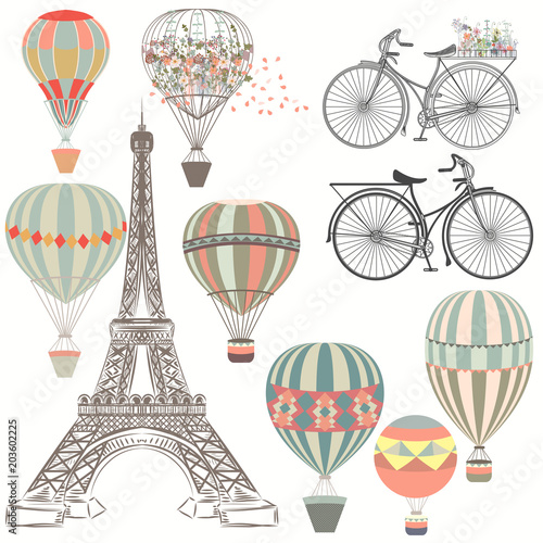 Retro vector collection of air balloons, bicycles and Eifel tower