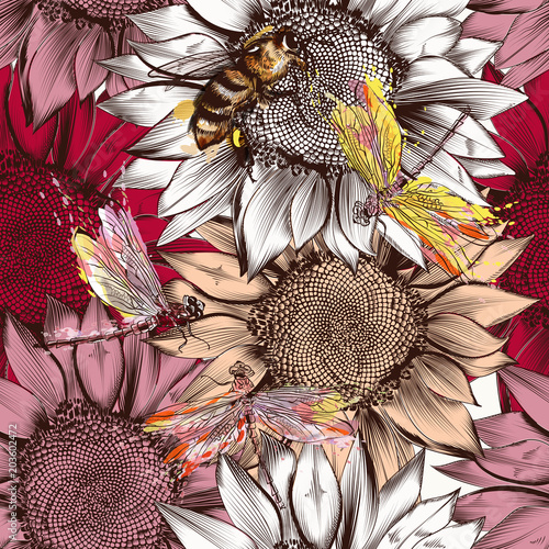 Sunflower pattern with flowers  bees and dragonfly