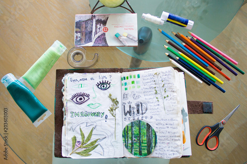 Table with elements for scrapbooking handcraft