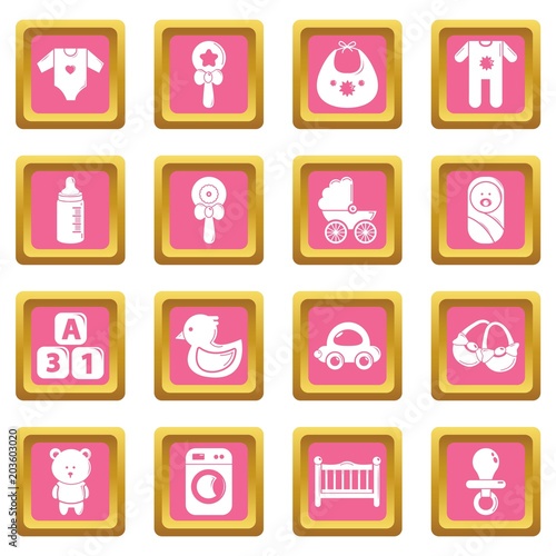 Baby born icons set vector pink square isolated on white background 