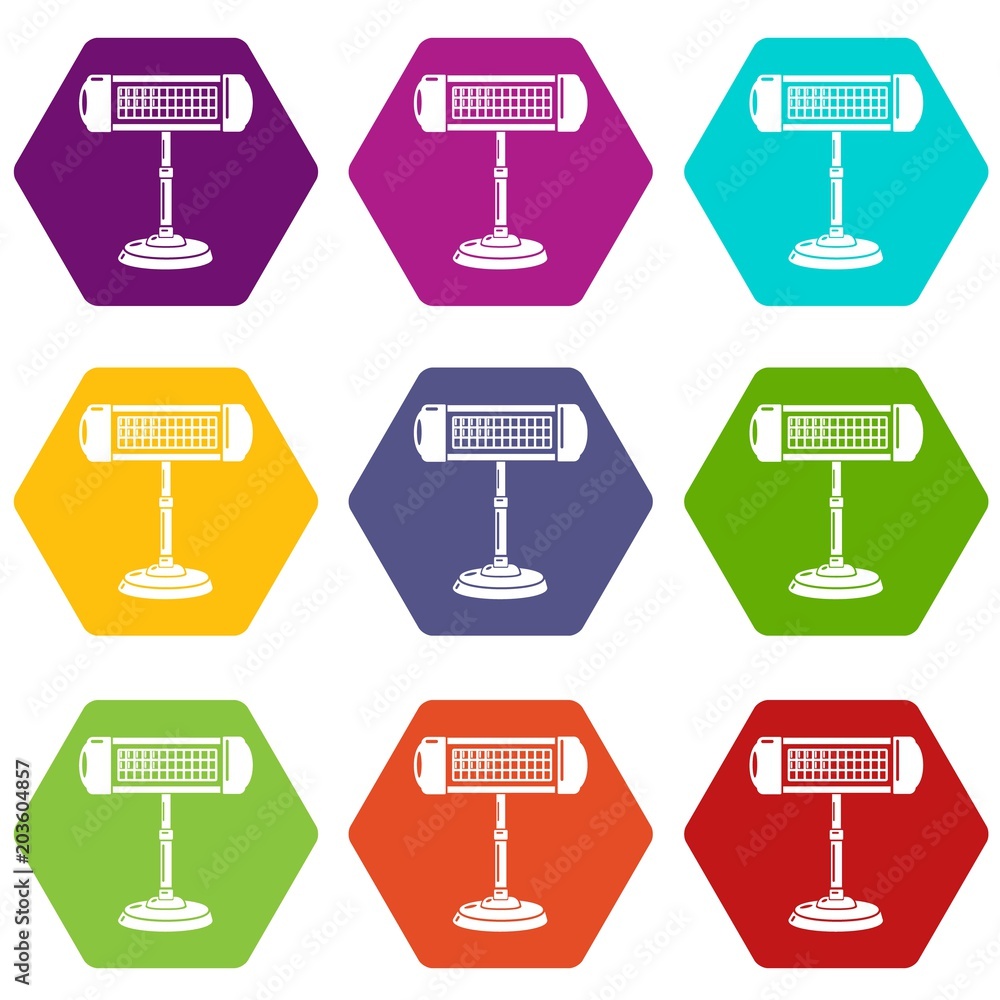 Ufo heater icons 9 set coloful isolated on white for web Ufo heater icons 9 set coloful isolated on white for web