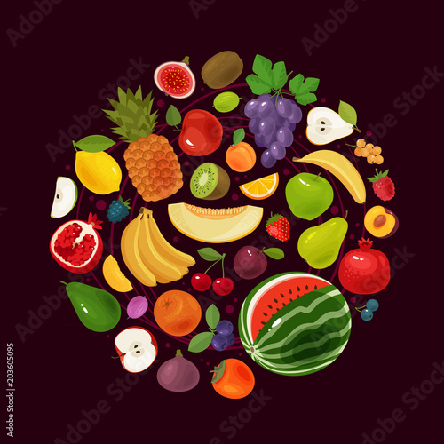 Berries and fruits. Natural food concept. Vector illustration