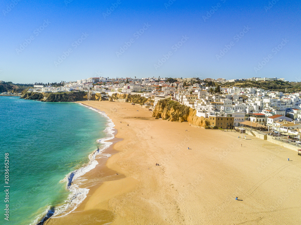 Aerial view of sandy Fishermen Beach in Albufeira, Algarve, Portugal