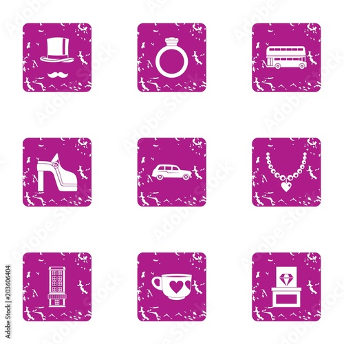 Rich life icons set. Grunge set of 9 rich life vector icons for web isolated on white background