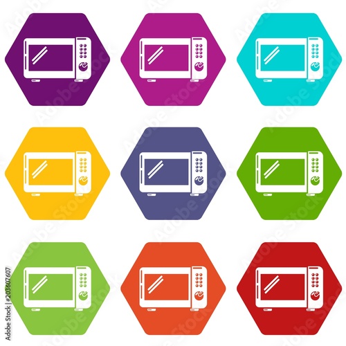 Microwave oven icons 9 set coloful isolated on white for web