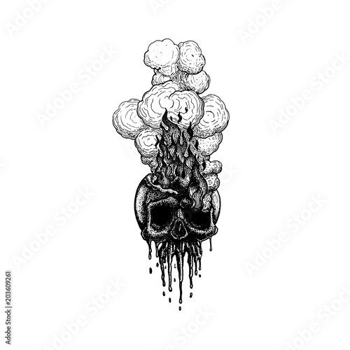 Skull on Fire with Flames and smoke Vector Illustration. hand draw image trace. line art tattoo design. dot work. hot and scary from inside. for pain feeling.