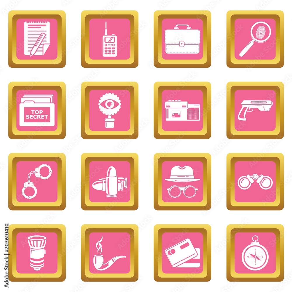 Spy icons set vector pink square isolated on white background Spy icons set vector pink square isolated on white background