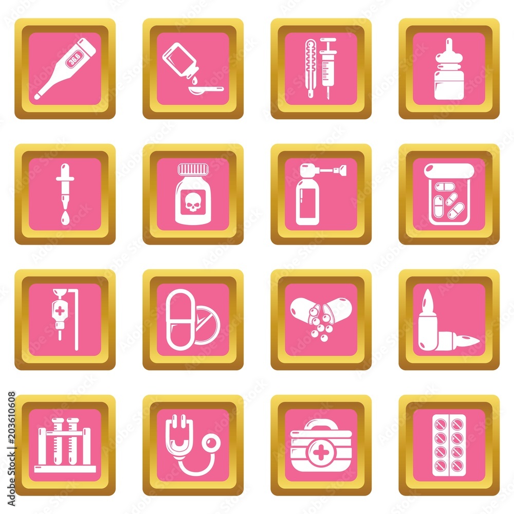 Drug medicine icons set vector pink square isolated on white background Drug medicine icons set vector pink square isolated on white background