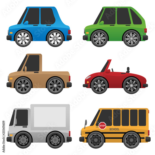 Cars, Trucks and School Bus Cartoon Isolated Vector Illustration