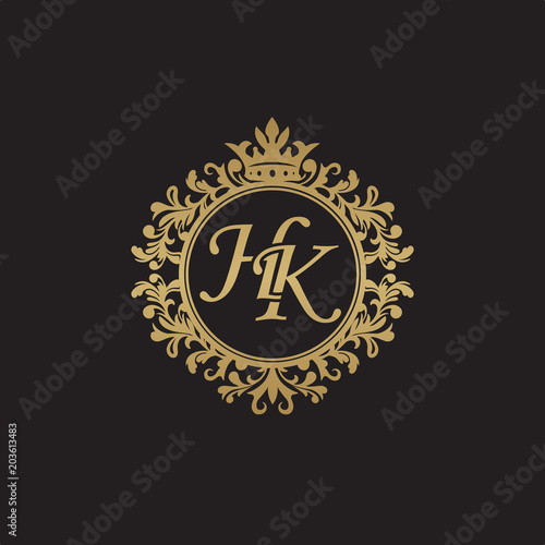Initial letter HK, overlapping monogram logo, decorative ornament badge, elegant luxury golden color