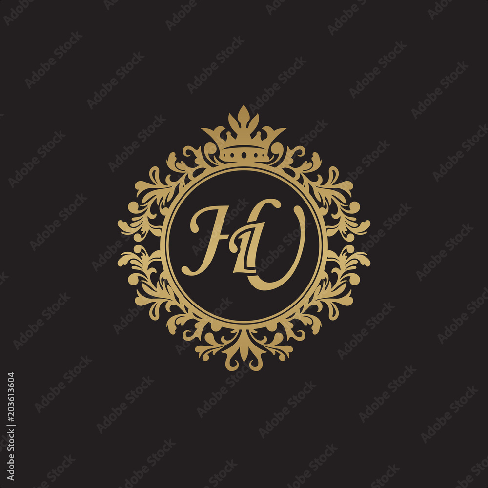 Initial letter HU, overlapping monogram logo, decorative ornament badge, elegant luxury golden color