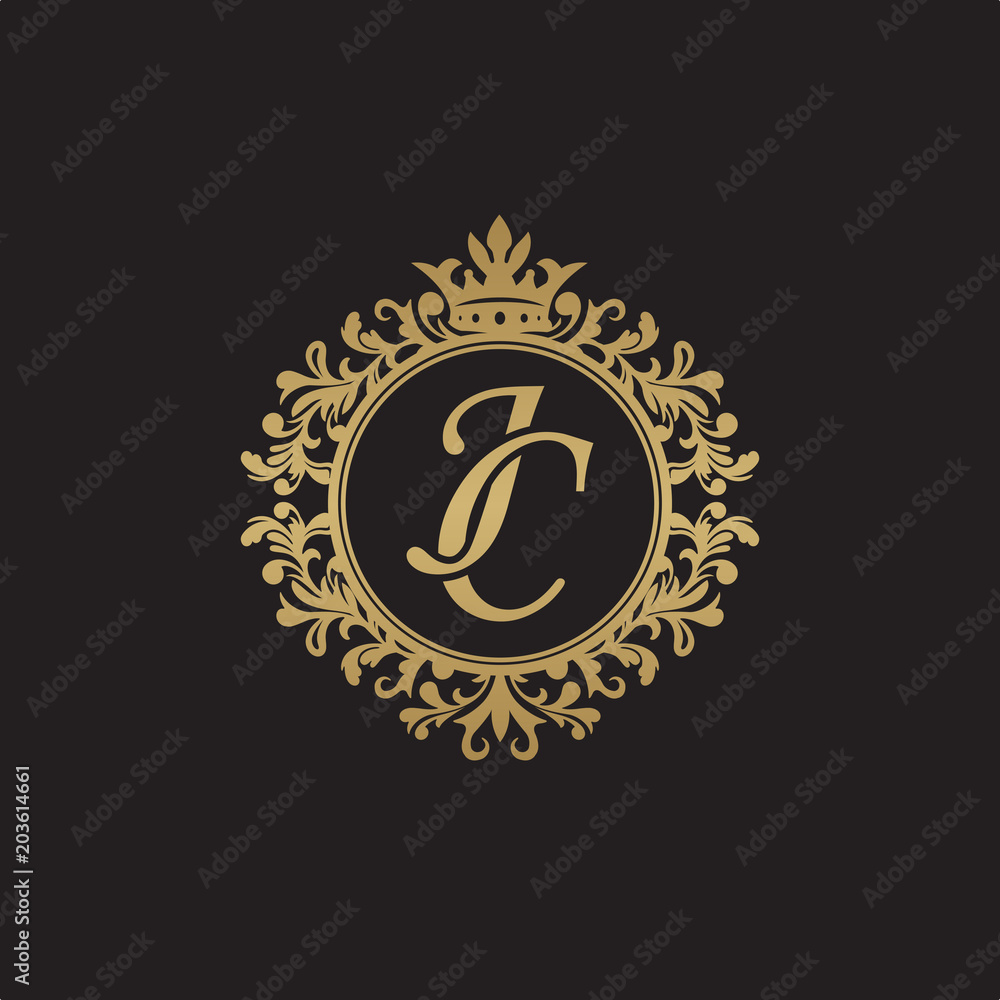 Initial letter JC, overlapping monogram logo, decorative ornament badge, elegant luxury golden color