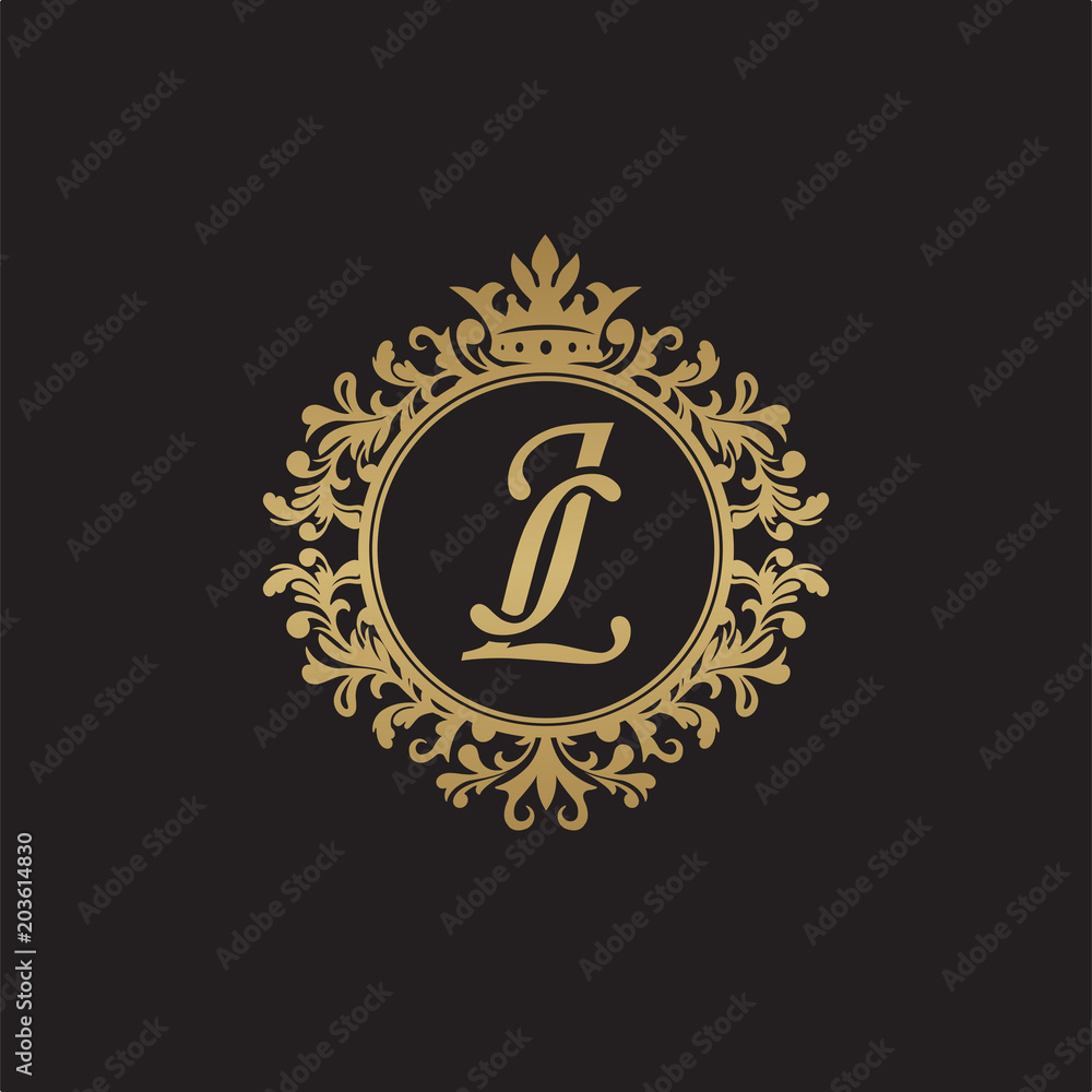 Initial letter JL, overlapping monogram logo, decorative ornament badge, elegant luxury golden color