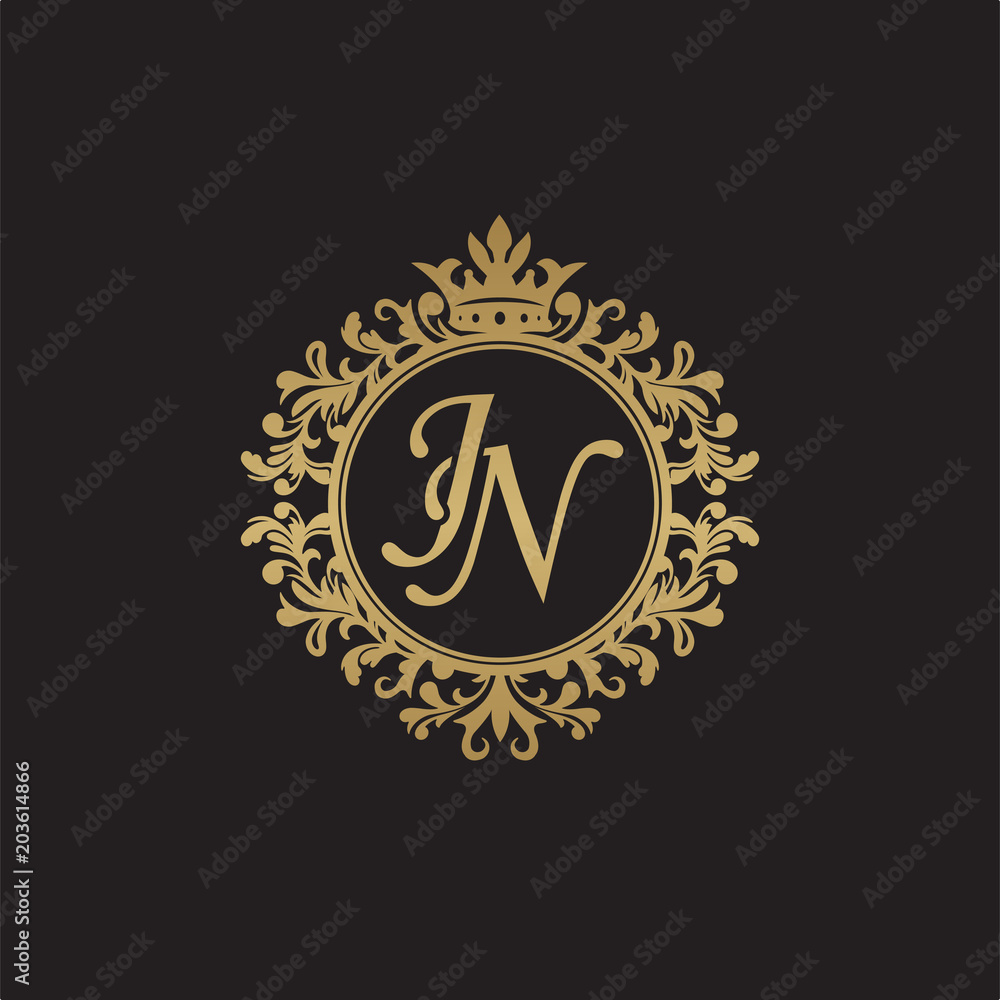 Fototapeta premium Initial letter JN, overlapping monogram logo, decorative ornament badge, elegant luxury golden color