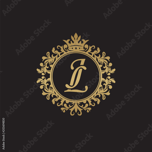 Initial letter JL, overlapping monogram logo, decorative ornament badge, elegant luxury golden color