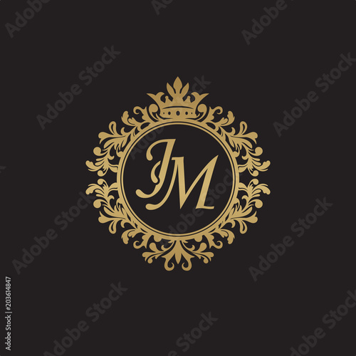 Initial letter JM, overlapping monogram logo, decorative ornament badge, elegant luxury golden color
