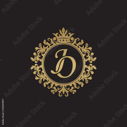 Initial letter JO, overlapping monogram logo, decorative ornament badge, elegant luxury golden color