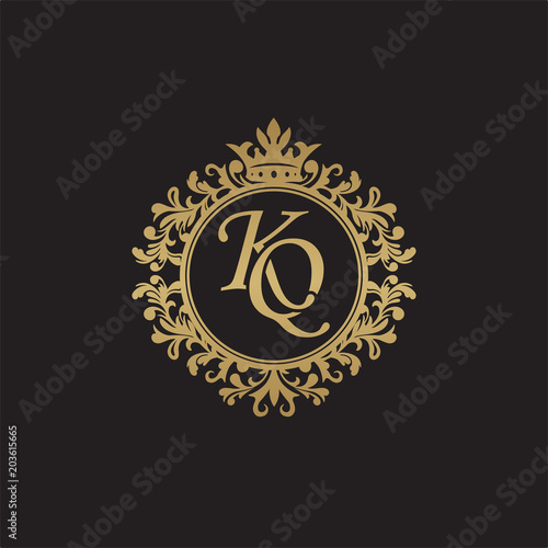 Initial letter KQ, overlapping monogram logo, decorative ornament badge, elegant luxury golden color