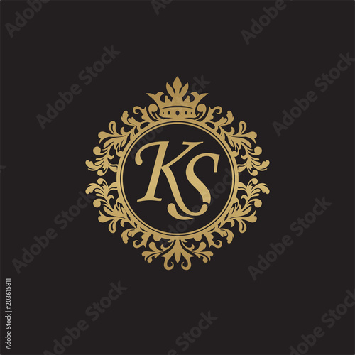 Initial letter KS, overlapping monogram logo, decorative ornament badge, elegant luxury golden color