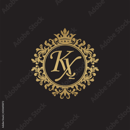 Initial letter KX, overlapping monogram logo, decorative ornament badge, elegant luxury golden color