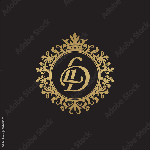 Initial letter LD, overlapping monogram logo, decorative ornament badge, elegant luxury golden color