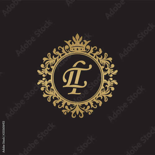 Initial letter LT, overlapping monogram logo, decorative ornament badge, elegant luxury golden color