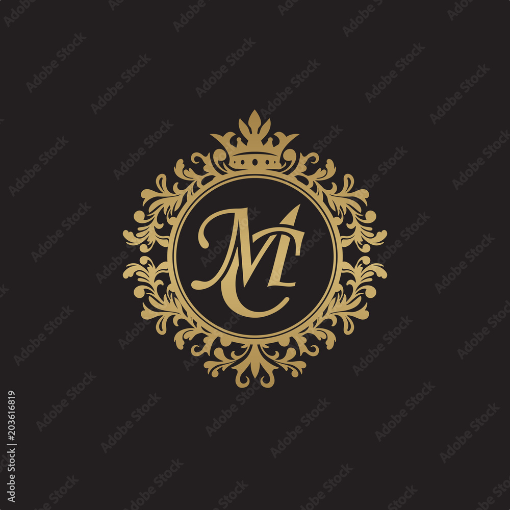 Initial letter MC, overlapping monogram logo, decorative ornament badge, elegant luxury golden color