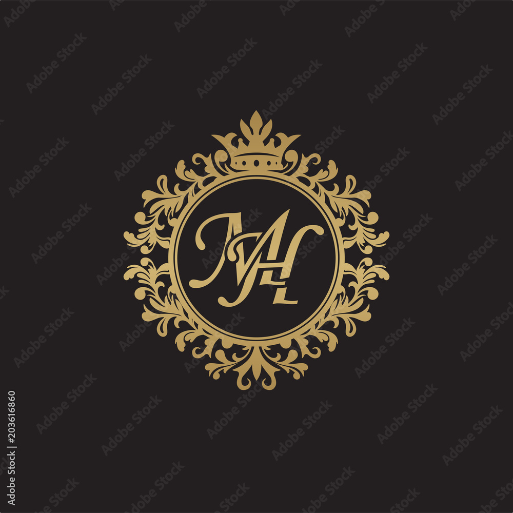 Initial letter MH, overlapping monogram logo, decorative ornament badge, elegant luxury golden color