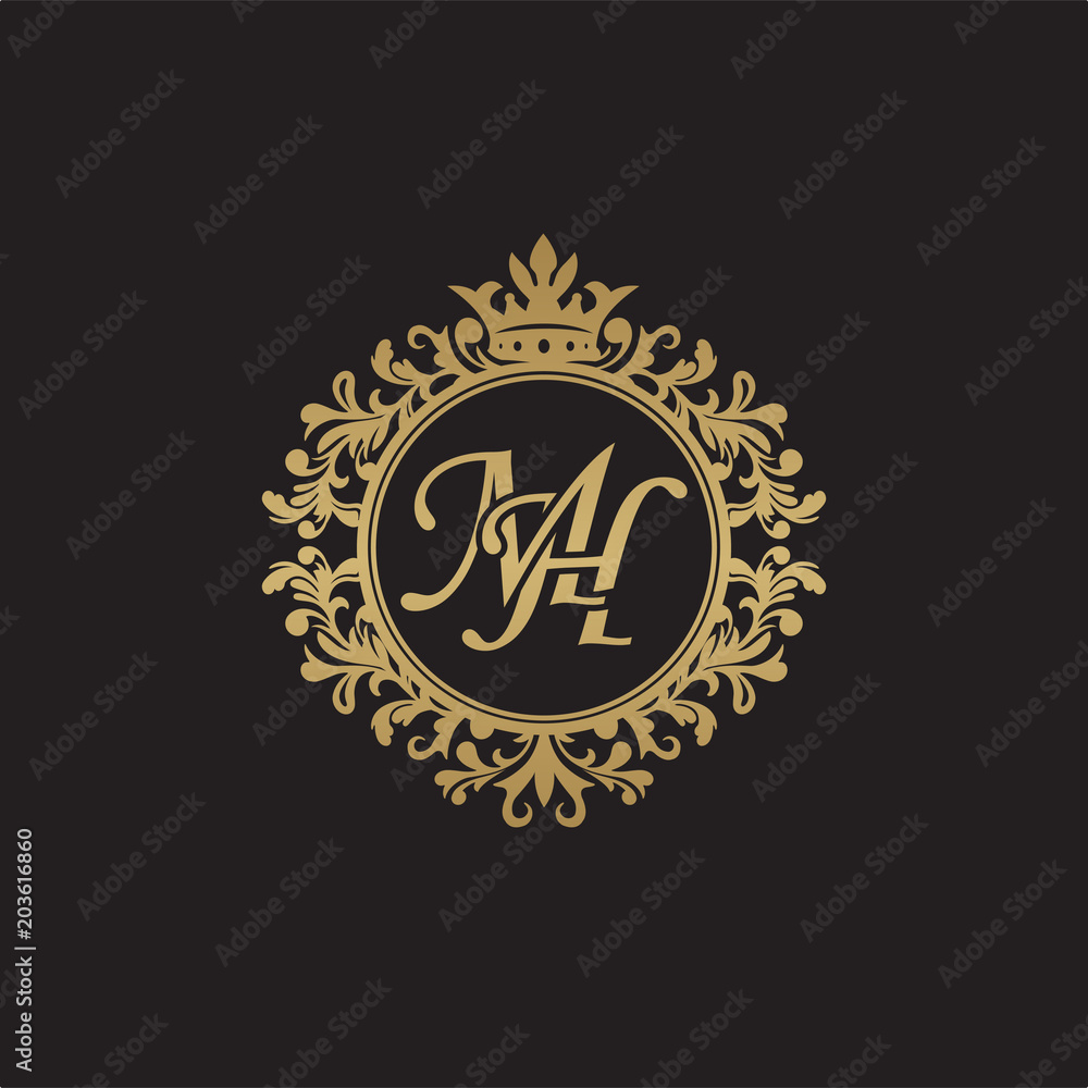 Obraz premium Initial letter MH, overlapping monogram logo, decorative ornament badge, elegant luxury golden color