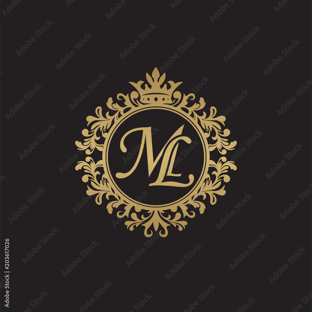 Fototapeta premium Initial letter ML, overlapping monogram logo, decorative ornament badge, elegant luxury golden color