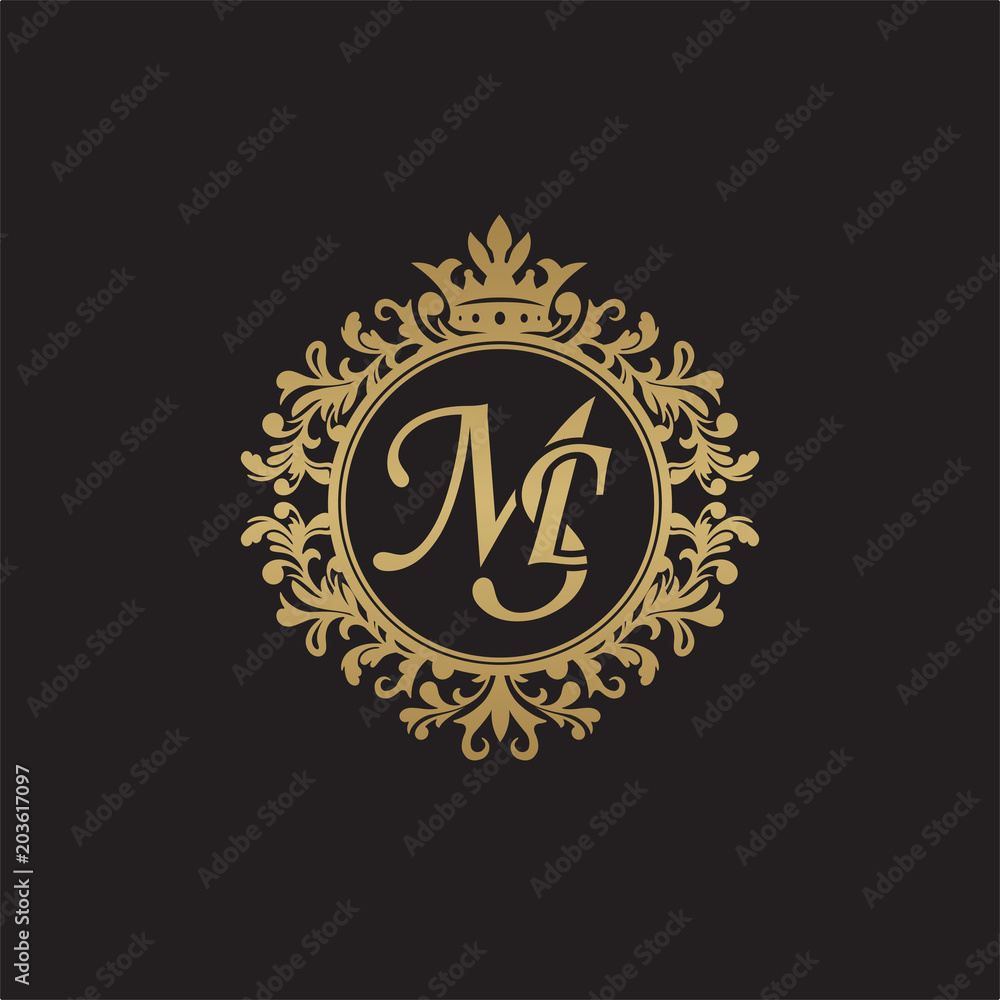 Initial letter MS, overlapping monogram logo, decorative ornament badge, elegant luxury golden color