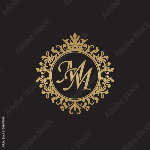 Initial letter MM, overlapping monogram logo, decorative ornament badge, elegant luxury golden color photo
