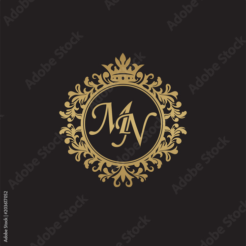Initial letter MN, overlapping monogram logo, decorative ornament badge, elegant luxury golden color