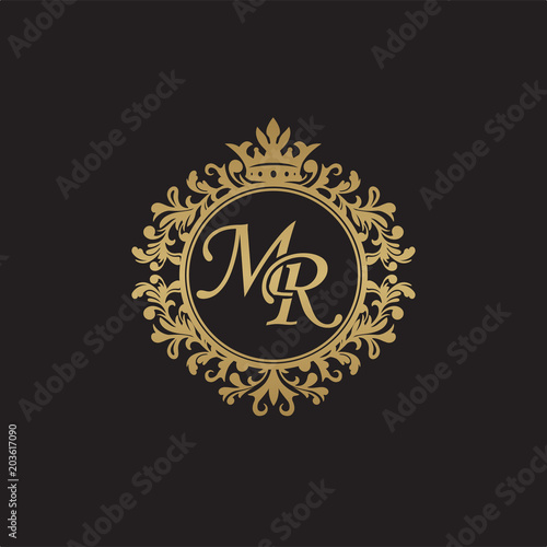 Initial letter MR, overlapping monogram logo, decorative ornament badge, elegant luxury golden color